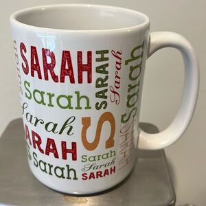 White 4 1/2” tall China Ceramic Rainbow SARAH Printed Graffiti Coffee Cup Mug